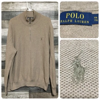 Suéter Polo Ralph Lauren 1/4 Cremallera Para Hombre XXL Tostado Beige Pullover Mezcla Algodón L1 Foto 1 de 4