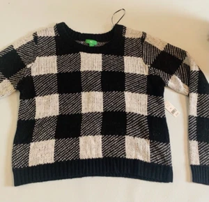 Apres Ski Sweater Knitted Round Neck Long Sleeve Plaid Black & White XL NWT - Picture 1 of 11