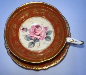 JUEGO DE TAZA DE TÉ Y PLATILLO PARAGON LG COL ROSA FLOR ROSA SOBRE GRANATE - Imagen 1 de 7