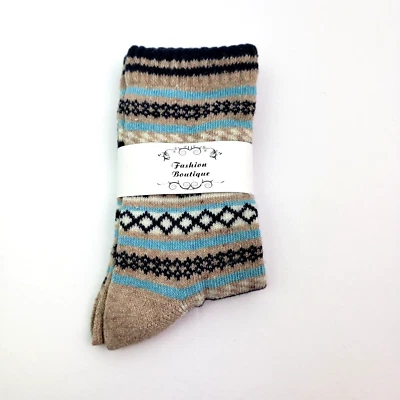 Fashion Boutique Womens One Size Tan Blue Design Wool Blend Warm Crew Socks 1 Pk - Image 1 of 4