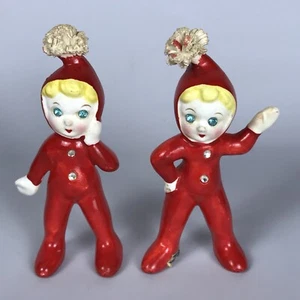 Vintage Weihnachten PIXIE ELFE PAAR rot Pyjamas Spaghetti Bommel Strass JAPAN - Bild 1 von 11