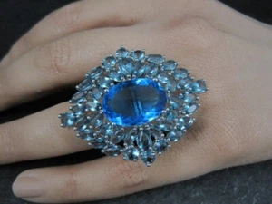 935 Silver Beautiful Floral Design 16.06 TCW Multi Cut Blue Topaz Women's Ring - Picture 1 of 13