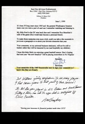 FAN LETTER RESPONSE FROM WASHINGTON SENATORS PITCHER BOB HUMPHREY re: 1969 team - Image 1 of 2