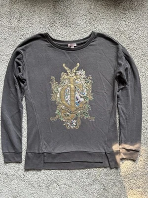 YTG Y2K Juicy Couture Gray Sweatshirt Gem Embellished Gold Metallic Floral Sz S - Image 1 of 4