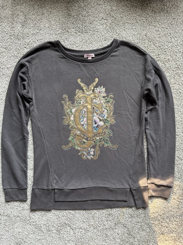 YTG Y2K Juicy Couture Gray Sweatshirt Gem Embellished Gold Metallic Floral Sz S - Image 1 of 4