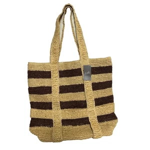 JJill Straw Tote Bag Chocolate Brown Stripe Woven Top Handle Beach Summer Casual - Picture 1 of 8
