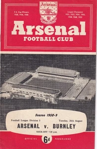 Arsenal Football Club Season 1958 – 59  Arsenal v Burnley Official Programme. 6d - Picture 1 of 3