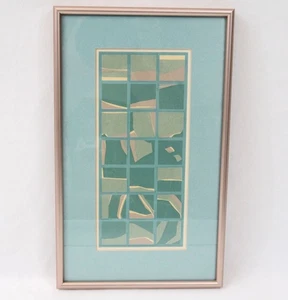 Vintage Linolschnitt Abstrakt Geometrisch Druck Mid Century Modern Grün Braun Gerahmt - Bild 1 von 7
