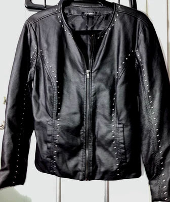 CHAQUETA NUEVA CON ETIQUETAS $59 L GRANDE NUEVA CON ETIQUETAS ROZ & ALI NEGRA IMITACIÓN CUERO ORO TACHONADO #JY05 Foto 1 de 4