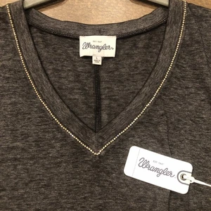 New Wranger VNeck TShirt Sz Large Black Gray Heathered Rhinestone Bling - Picture 1 of 9