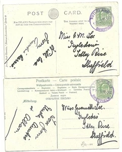 1905 x 2 PPC - ANNULLI GOMMA SHEFFIELD VIOLA FINE TOTLEY RISE USATI LOCALMENTE - Foto 1 di 2