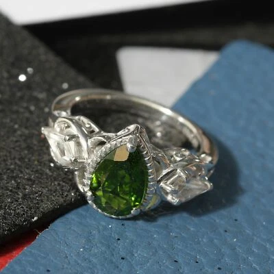 Anillo de topacio blanco y diopsido ruso de 1,75 quilates en platino/esterlina talla 9 #jr279 Foto 1 de 4