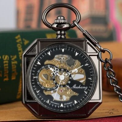 Antique Unisex Skeleton Hand-winding Mechanical Pocket Watch Octagon Chain Gift - Image 1 of 4