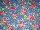 Vtg 50s Cotton Fabric Blue W/ Pink Red Roses 35' W x 1 Yd +