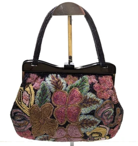 Vintage Japanese Kiriko Beaded Kimono Bag Black Gradient with Floral Design - Picture 1 of 12