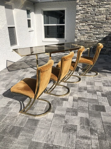 Pierre Cardin Cantilevered Dining Chairs Z 1970s Hollywood Regency Brass Cover