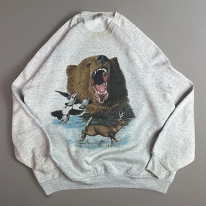 Vintage 1990 Nature Crewneck Sweatshirt Mens XXL Gray Bear Goose Deer Lake Cabin - Picture 1 of 13