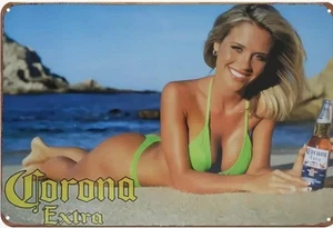 CORONA BEER PIN-UP METAL TIN SIGN MAN CAVE SEXY GIRL IN GREEN BIKINI BIG CHEST - Picture 1 of 1