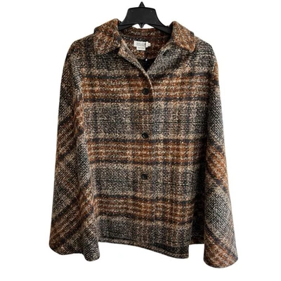 Molly Bracken Tartan Plaid Cape Coat Tan Brown Rust Button-Up Large Poncho NEW - Image 1 of 4