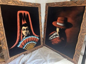 Vintage Pair Spanish Senor Senorita Signed Mexican Velvet Painting 25"x30" - Picture 1 of 24