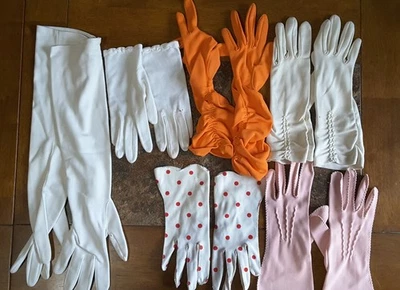 Vintage Ladies Dress Gloves, 6 pairs, White Orange Pink Polka Dot - Image 1 of 4