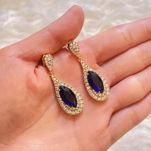 Gold-Plated Statement Sapphire Blue Gemstone Crystal Diamante Drop Earrings - Picture 1 of 16