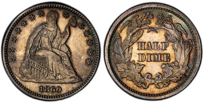 1860 H10c J-267 PCGS MS 63 ~ MONEDA DE DIEZ CENTAVOS DE TRANSICIÓN PATRÓN PLATEADO Foto 1 de 4