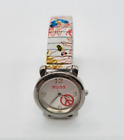 Mudd Peace Sign Dial Round Silver Tone Case Colorful Stretch Band Watch 6.5 In