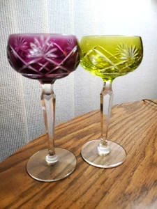 Vintage Cut-to-Clear Crystal Amethyst/Lime Green Wine Glasses - Picture 1 of 7