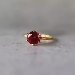 Lab-Created Solitaire Red Ruby In Solid 10K Yellow Gold Gemstone Engagement Ring - Picture 1 of 5