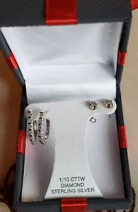 BRAND NEW TWO PAIR 1/10 CTTW Diamond Hoop Earrings & Studs Reg $125 - Picture 1 of 8