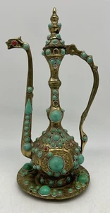 Vintage Brass Decorative Turkish Tea Pot with Faux Turquoise Cabachons - Picture 1 of 8