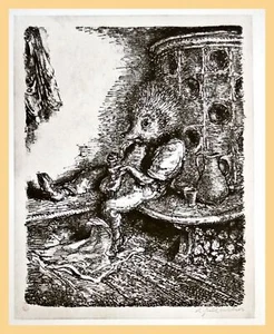 A. Paul Weber: Auf der Ofenbank. Igel - Aus Igelhausen. Lithographie Original! - Bild 1 von 1