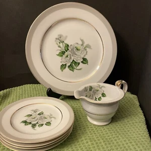Juego de 6 First Love Gold China Japón. Borde Gris Blanco Rosa Verde Hojas Dorado - Imagen 1 de 12
