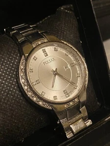 Pulsar By SEIKO Iced Out Silver Tone 26MM Women’s Watch W/ Date NEW Battery 195$ - Picture 1 of 10