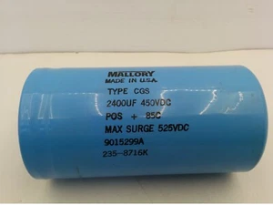 MALLORY TYPE CGS CAPACITOR, 2400UF 450VDC POS + 85C, MAX SURGE 525VDC - Picture 1 of 4
