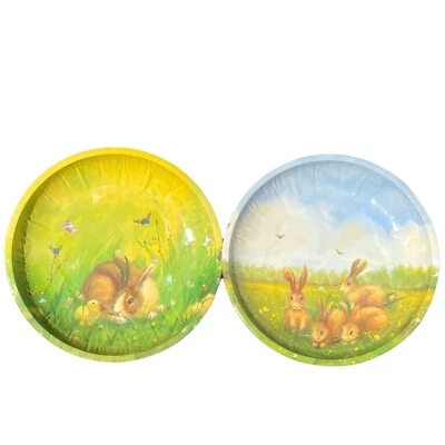 SET OF 2 Round Tin EASTER Serving Cookie Trays Spring Bunnies Chicks Butterfly - Image 1 of 4