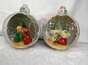 Vintage Lot 2 Christmas Diorama Orb Ball Ornaments Mice Couple Kissing 3” - Picture 1 of 16