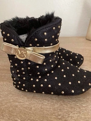 MICHAEL KORS BABY GRACE TIFF BLACK/ GOLD FUR STUD BOOTS- Size 4 - Image 1 of 4
