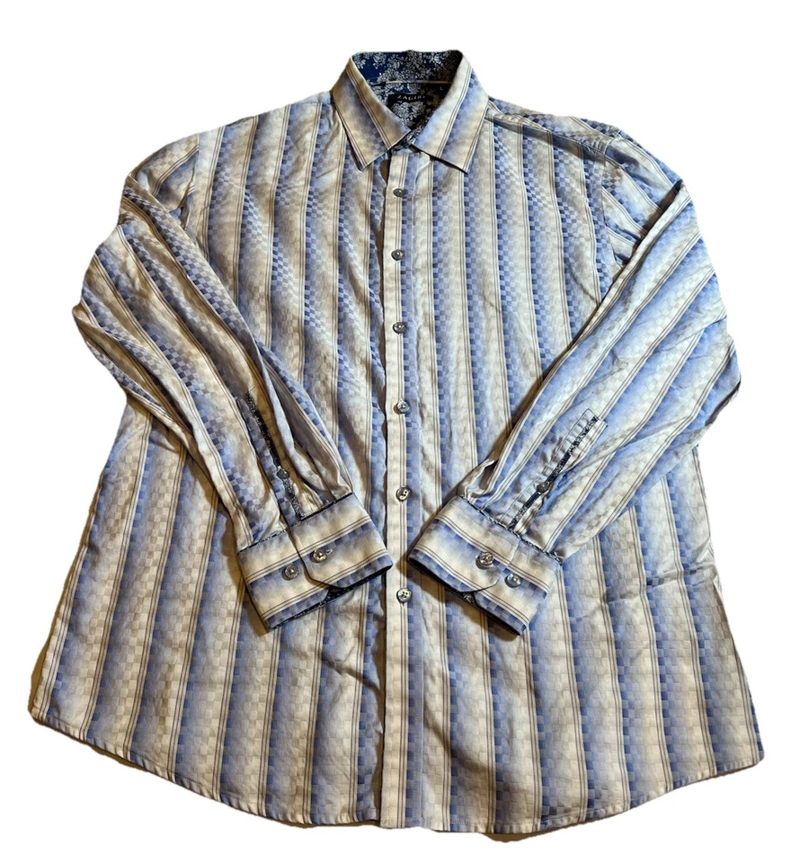 Camisa social masculina Zagiri quadriculada 3D geométrica azul grande manga longa com botões - Imagem 1 de 4