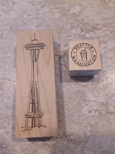 2 NEW Wood Rubber Stamp, SPACE NEEDLE, Seattle, City, Vacation Stamp, latte - Picture 1 of 5