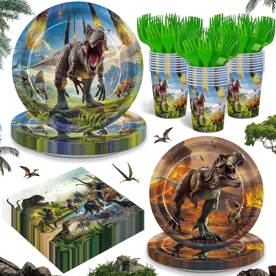 Juego de vajilla desechable 120 piezas de platos de papel servilletas suministros para fiestas de dinosaurios... Foto 1 de 4