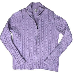 Cardigan maglione LL Bean finto collo grande lavanda zip intera maglia cavo cotone - Foto 1 di 7