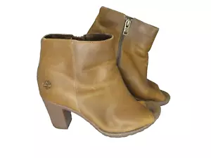 TIMBERLAND Women's Brown Leather Open Toe Block Heel Booties Ortholite Size 8 - Picture 1 of 8