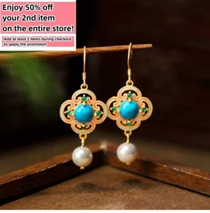 Pendientes colgantes de piedras preciosas turquesa bohemia - delicada joyería gancho enchapado en oro de 18 quilates - Imagen 1 de 6