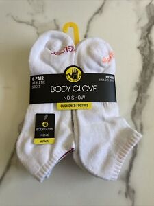 New Body Glove Designer Mens  6 Pack Athletic Cushion No Show Socks White