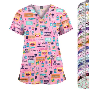 Unisex Printed Scrub Tops Women Men Medical Nursing V-Neck Short Sleeve Shirt - Picture 1 of 72