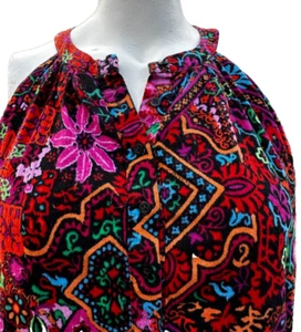 Lauren Ralph Sleeveless Top L Red Multicolor 4 Button V-Neck Lined Boho Floral - Picture 1 of 12