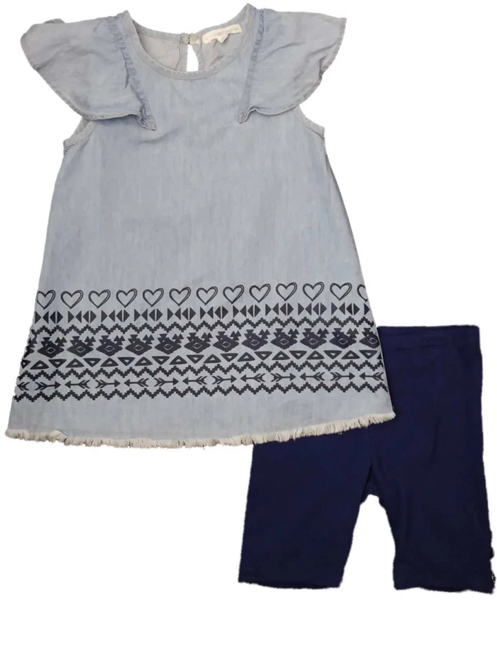 Girls Blue Denim Heart & Tribal Print Ruffle Sleeve Dress Navy Blue Short Outfit - Image 1 of 1