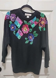 Diana Marco Black Floral Sequin Sweater Womens 24W/42 Granny Cottagecore Boho - Picture 1 of 11